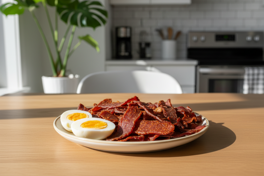 A beautifully arranged plate featuring hearty options of flavorful jerky and perfectly peeled hard-boiled eggs, set against a clean, modern kitchen backdrop. In the foreground, the jerky showcases various textures and colors, with strips of spicy and teriyaki flavors artistically layered around bright yellow eggs cut in half. Soft natural lighting illuminates the scene, casting gentle shadows that highlight the food's details, while the middle ground features a sleek wooden table with a minimalist design. In the background, a lush green plant adds a touch of freshness to the setting. The mood is vibrant and energizing, reflecting healthy fueling options for athletes, with a focus on nutrition for muscle gain. A beautifully arranged plate featuring hearty options of flavorful jerky and perfectly peeled hard-boiled eggs, set against a clean, modern kitchen backdrop. In the foreground, the jerky showcases various textures and colors, with strips of spicy and teriyaki flavors artistically layered around bright yellow eggs cut in half. Soft natural lighting illuminates the scene, casting gentle shadows that highlight the food's details, while the middle ground features a sleek wooden table with a minimalist design. In the background, a lush green plant adds a touch of freshness to the setting. The mood is vibrant and energizing, reflecting healthy fueling options for athletes, with a focus on nutrition for muscle gain.
