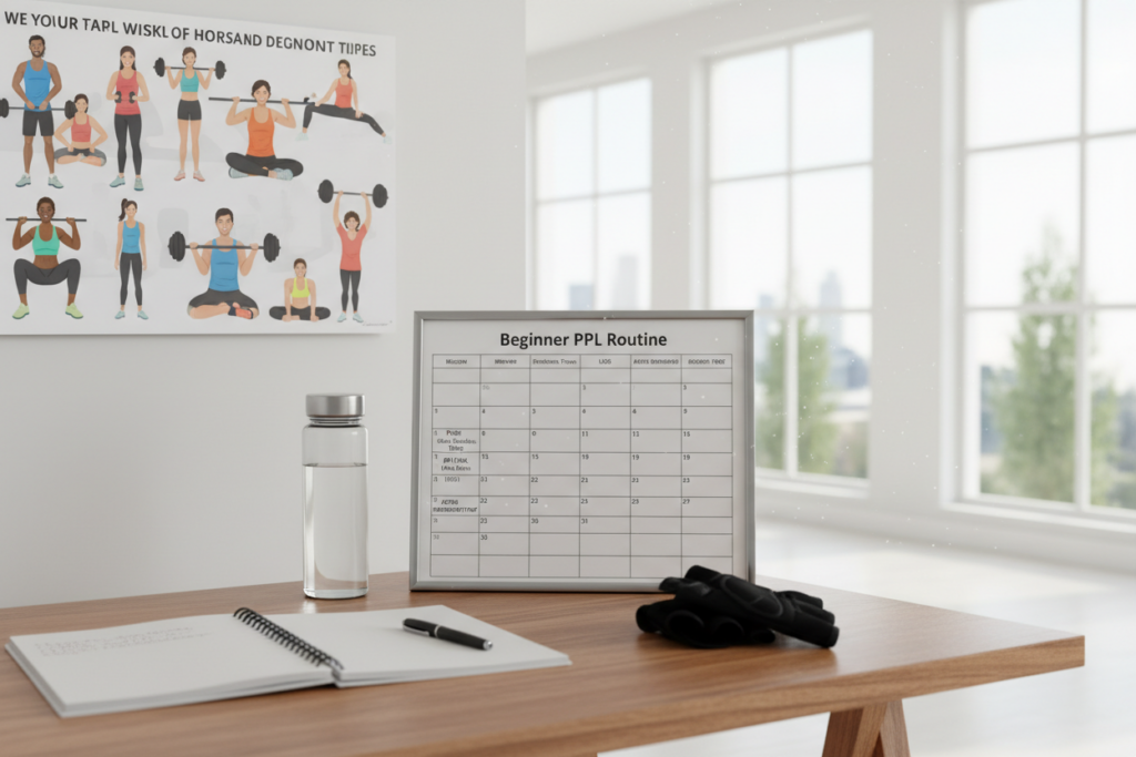 A clean, modern workspace featuring a wooden desk with a weekly workout schedule displayed prominently. The schedule, designed for a beginner push-pull-legs routine, includes sections for each day of the week with clear time slots and exercise categories. In the foreground, an open notebook, a water bottle, and a pair of fitness gloves are neatly arranged. The middle features a large wall calendar with colorful, motivating visuals of diverse athletes in modest, casual workout attire engaging in various exercises. The background showcases a bright, airy room with large windows allowing natural light to create an uplifting atmosphere. Use a wide-angle lens to capture the entire scene, enhancing the feeling of space and motivation. The mood should inspire dedication and organization in a home workout environment. A clean, modern workspace featuring a wooden desk with a weekly workout schedule displayed prominently. The schedule, designed for a beginner push-pull-legs routine, includes sections for each day of the week with clear time slots and exercise categories. In the foreground, an open notebook, a water bottle, and a pair of fitness gloves are neatly arranged. The middle features a large wall calendar with colorful, motivating visuals of diverse athletes in modest, casual workout attire engaging in various exercises. The background showcases a bright, airy room with large windows allowing natural light to create an uplifting atmosphere. Use a wide-angle lens to capture the entire scene, enhancing the feeling of space and motivation. The mood should inspire dedication and organization in a home workout environment.