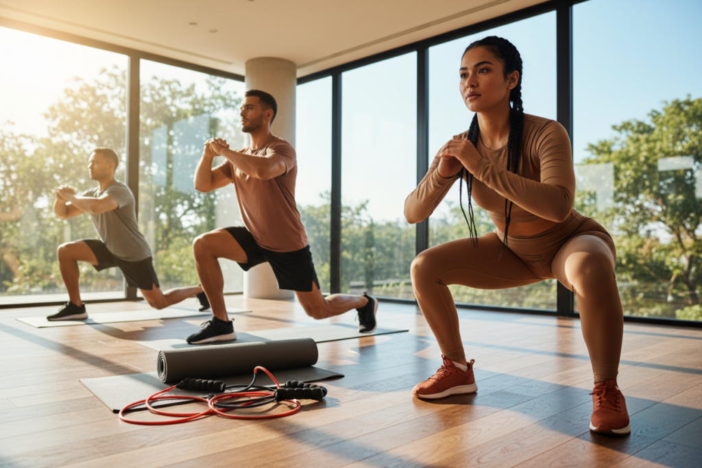 A diverse group of athletes, male and female, performing lower body workout techniques in a sunlit, modern home gym setting. In the foreground, a woman in stylish, modest athletic wear demonstrates a deep squat, focusing on form and balance. To her left, a man executes a lunge with perfect posture, showcasing strength and determination. The middle ground features equipment such as resistance bands and yoga mats, emphasizing a versatile workout space. In the background, large windows let in natural light, creating an uplifting and energetic atmosphere. The image captures the essence of robust leg development, with a warm color palette enhancing the motivational vibe. Use a wide-angle lens to create depth, highlighting the dynamic movements of the athletes in action.