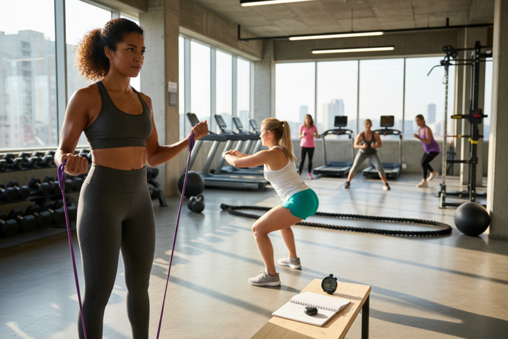 A diverse group of women in a modern, bright gym adapting their training routines. In the foreground, a focused woman in professional fitness attire is using a resistance band, demonstrating a compact exercise. In the middle, another woman is performing bodyweight squats with a timer and notebook nearby, illustrating time-efficient training. In the background, a well-equipped gym is visible with large windows allowing natural light to pour in, creating an inspirational atmosphere. The lighting is warm and inviting, emphasizing each participant's concentration and determination. The overall mood is empowering and uplifting, resonating with the theme of effectively fitting exercise into a busy lifestyle.