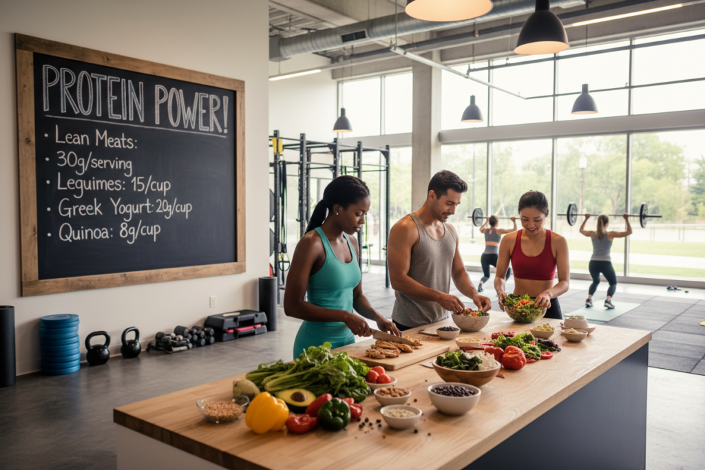 A dynamic and informative scene depicting diverse athletes engaged in various fitness activities in a clean, modern setting. In the foreground, a diverse group of individuals, including a Black woman, a Hispanic man, and an Asian woman, are preparing protein-rich meals, showcasing foods like lean chicken, quinoa, and legumes, all artistically arranged. In the middle ground, a workout area with fitness equipment and a large chalkboard displaying protein recommendations is visible. The background features a bright, open gym space with natural light streaming through large windows. The atmosphere is energetic and motivating, emphasizing community and wellness, captured with a wide-angle lens to enhance inclusivity, while soft, warm lighting creates a welcoming environment. A dynamic and informative scene depicting diverse athletes engaged in various fitness activities in a clean, modern setting. In the foreground, a diverse group of individuals, including a Black woman, a Hispanic man, and an Asian woman, are preparing protein-rich meals, showcasing foods like lean chicken, quinoa, and legumes, all artistically arranged. In the middle ground, a workout area with fitness equipment and a large chalkboard displaying protein recommendations is visible. The background features a bright, open gym space with natural light streaming through large windows. The atmosphere is energetic and motivating, emphasizing community and wellness, captured with a wide-angle lens to enhance inclusivity, while soft, warm lighting creates a welcoming environment.
