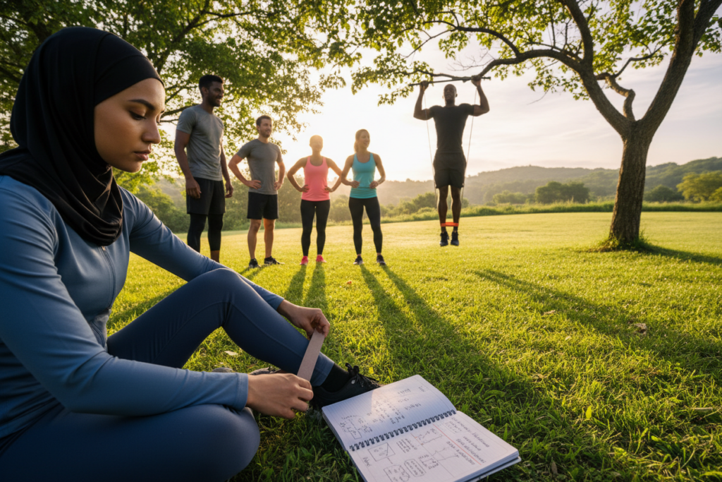 A serene outdoor fitness setting at sunrise, showcasing a diverse group of athletes (including men and women of different ethnicities) engaged in various training routines, symbolizing adaptability and evolution in their workout journey. In the foreground, a focused female athlete adjusts her exercise bands while referencing a notebook of training plans, dressed in modest athletic wear. The middle ground features a male athlete using resistance bands on a spacious lawn, embodying the idea of minimal equipment for maximum growth. In the background, lush greenery and distant hills create a tranquil atmosphere, with soft, warm lighting casting gentle shadows. Capture a sense of determination and teamwork, illustrating a holistic approach to long-term fitness success.