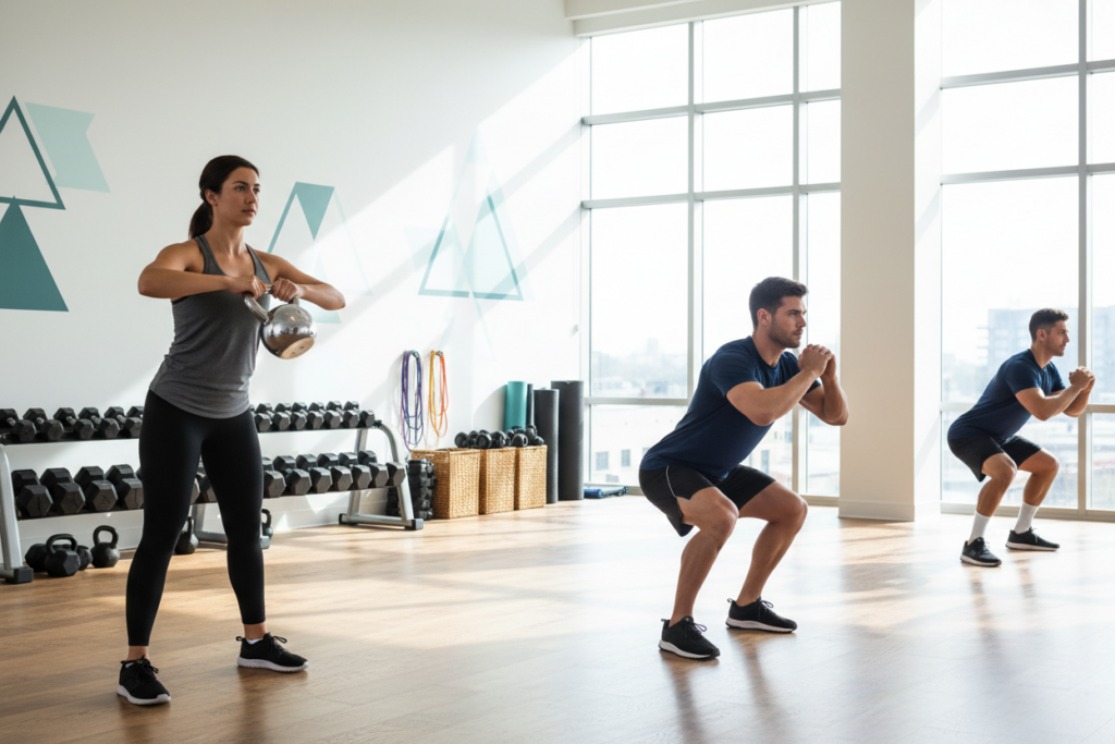 A sleek, functional gym environment showcasing a variety of minimalist workout areas designed for efficiency. In the foreground, diverse athletes in modest athletic wear are engaging in focused exercises like kettlebell swings and bodyweight squats. The middle section features an open layout with essential equipment—free weights, resistance bands, and yoga mats arranged neatly, emphasizing clear pathways. The background includes large windows that allow natural light to flood in, creating a bright and uplifting atmosphere. The space has a wooden floor and white walls, adorned with motivational artwork, promoting a sense of motivation and cleanliness. Use soft, diffused lighting to enhance the inviting mood, with a slightly elevated camera angle to capture the dynamic and engaging environment. No text or watermarks present.