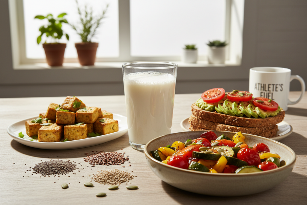 A vibrant breakfast scene featuring a variety of plant-based protein elements, including golden tofu blocks marinated with herbs, scattered seeds like chia, flax, and pumpkin on a rustic wooden table. In the foreground, a colorful bowl filled with roasted vegetables complements the tofu, creating a visually appealing display. The middle ground showcases a glass of almond milk alongside a stack of whole grain toast topped with avocado and tomato slices. In the background, a sun-drenched kitchen setting with fresh herbs in pots adds a homely touch. The atmosphere is bright and inviting, with natural light illuminating the meal, evoking a sense of health and vitality. The image captures a modern, clean aesthetic appropriate for enthusiastic athletes embracing innovative breakfast options.
