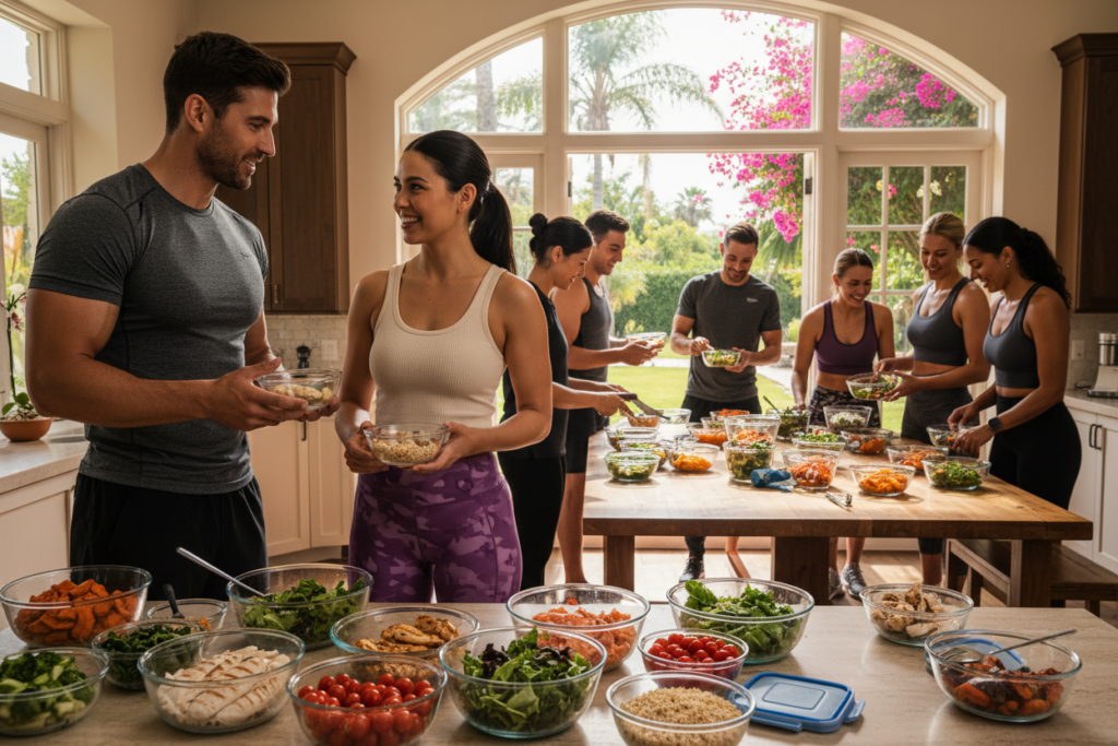 A vibrant, engaging scene featuring diverse athletes preparing and enjoying tailored post-workout meals in a modern kitchen environment. In the foreground, a male athlete in a fitted athletic shirt and shorts discusses meal options with a female athlete in athletic leggings and a tasteful tank top. They are surrounded by neatly arranged bowls of healthy ingredients like lean proteins, colorful vegetables, and complex carbohydrates. The middle ground showcases a sunlit kitchen with a large wooden table filled with meal prep containers, emphasizing the importance of nutrition after different workout types. The background reveals a bright, airy window looking out onto a lush outdoor space, enhancing the fresh and motivating atmosphere. The lighting is warm and inviting, creating a friendly, energetic vibe, perfect for a post-workout recovery setting. A vibrant, engaging scene featuring diverse athletes preparing and enjoying tailored post-workout meals in a modern kitchen environment. In the foreground, a male athlete in a fitted athletic shirt and shorts discusses meal options with a female athlete in athletic leggings and a tasteful tank top. They are surrounded by neatly arranged bowls of healthy ingredients like lean proteins, colorful vegetables, and complex carbohydrates. The middle ground showcases a sunlit kitchen with a large wooden table filled with meal prep containers, emphasizing the importance of nutrition after different workout types. The background reveals a bright, airy window looking out onto a lush outdoor space, enhancing the fresh and motivating atmosphere. The lighting is warm and inviting, creating a friendly, energetic vibe, perfect for a post-workout recovery setting.