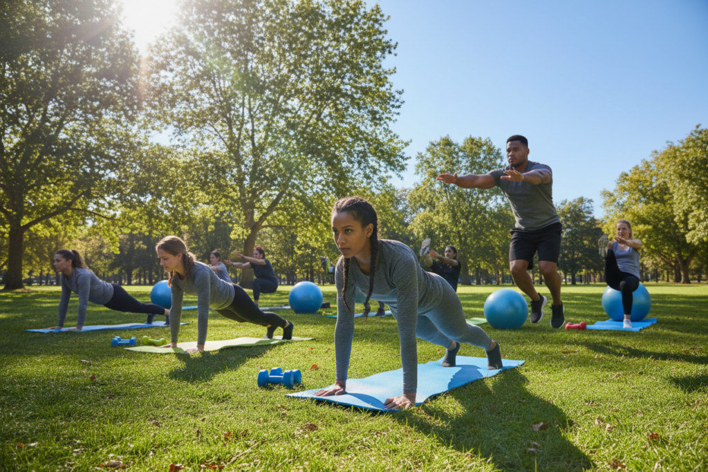 A vibrant fitness scene showcasing diverse athletes engaged in a combined cardio and core workout in a sunny park setting. In the foreground, a woman in modest athletic wear performs a plank while a man nearby does jumping jacks, both demonstrating concentration and determination. In the middle, a diverse group of individuals performs various core exercises on exercise mats, including bicycle crunches and leg raises, surrounded by stability balls and light dumbbells. The background features trees and a clear blue sky, emphasizing an inviting, energetic outdoor atmosphere. The lighting is bright and natural, casting soft shadows, enhancing the sense of health and vitality. The overall mood is motivational and energetic, inspiring viewers to integrate these elements into their fitness routines. A vibrant fitness scene showcasing diverse athletes engaged in a combined cardio and core workout in a sunny park setting. In the foreground, a woman in modest athletic wear performs a plank while a man nearby does jumping jacks, both demonstrating concentration and determination. In the middle, a diverse group of individuals performs various core exercises on exercise mats, including bicycle crunches and leg raises, surrounded by stability balls and light dumbbells. The background features trees and a clear blue sky, emphasizing an inviting, energetic outdoor atmosphere. The lighting is bright and natural, casting soft shadows, enhancing the sense of health and vitality. The overall mood is motivational and energetic, inspiring viewers to integrate these elements into their fitness routines.
