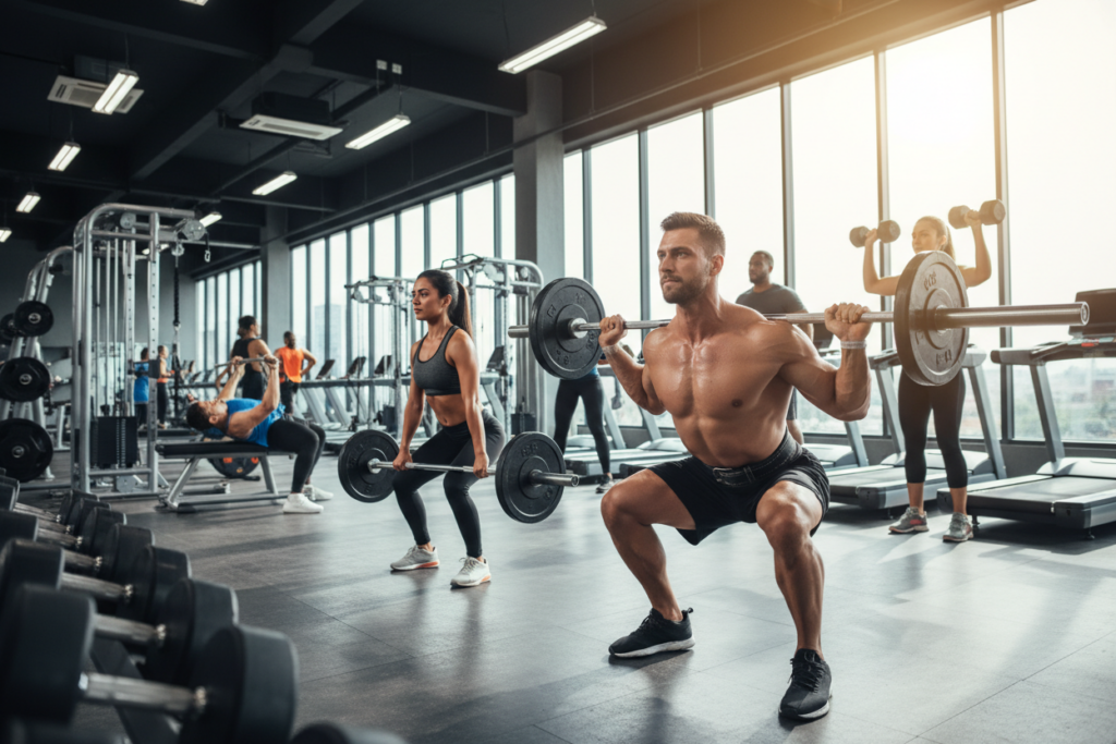A vibrant gym setting featuring diverse athletes showcasing key exercises with proper form for maximum strength. In the foreground, a muscular athlete performs a squat with perfect technique, emphasizing body alignment and depth. To the side, a female athlete executes a deadlift, highlighting her focus on posture and grip. In the middle ground, a group of varied individuals engages in other exercises like bench presses and overhead lifts, all demonstrating correct form. The background reveals modern gym equipment and large windows allowing natural light to flood the space, creating an energetic atmosphere. Use a wide-angle lens to capture the entire scene, with soft, balanced lighting that highlights the subjects without harsh shadows. Aim for a motivating and empowering mood, showcasing determination and commitment to fitness.