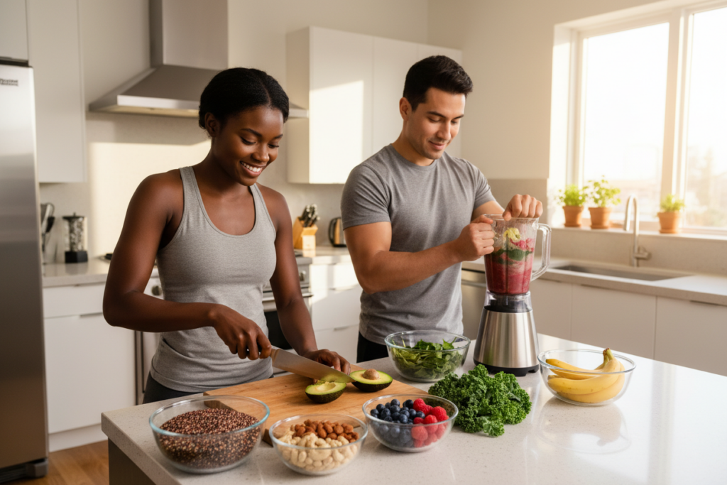 A vibrant kitchen scene featuring a diverse group of athletes engaged in meal preparation, prominently displaying a variety of recovery foods. In the foreground, a Black female athlete in a modest tank top is slicing avocados while smiling, surrounded by bowls of quinoa, fresh berries, leafy greens, and nuts. In the middle, a Hispanic male athlete is mixing a colorful smoothie in a modern blender, showcasing bright fruits and protein powder. The background features clean, modern kitchen elements with sunlight streaming through a window, enhancing the warm, inviting atmosphere. Soft natural lighting highlights the freshness of the ingredients, creating a sense of healthy energy and vitality. The overall mood is energetic and encouraging, ideal for promoting a balanced, recovery-focused diet.