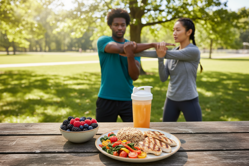 A vibrant pre-workout meal setup featuring a colorful plate of grilled chicken alongside a generous serving of quinoa and an array of fresh vegetables like spinach, bell peppers, and cherry tomatoes. In the foreground, a sports drink and a bowl of mixed berries complement the meal. In the background, two diverse athletes in modern, modest workout attire (one Black male and one Asian female) are engaging in light stretches in a sunny park with green grass and trees. The soft, natural lighting highlights the freshness of the food and the energy of the athletes. The scene conveys a sense of vitality and preparation for an intense workout. A vibrant pre-workout meal setup featuring a colorful plate of grilled chicken alongside a generous serving of quinoa and an array of fresh vegetables like spinach, bell peppers, and cherry tomatoes. In the foreground, a sports drink and a bowl of mixed berries complement the meal. In the background, two diverse athletes in modern, modest workout attire (one Black male and one Asian female) are engaging in light stretches in a sunny park with green grass and trees. The soft, natural lighting highlights the freshness of the food and the energy of the athletes. The scene conveys a sense of vitality and preparation for an intense workout.