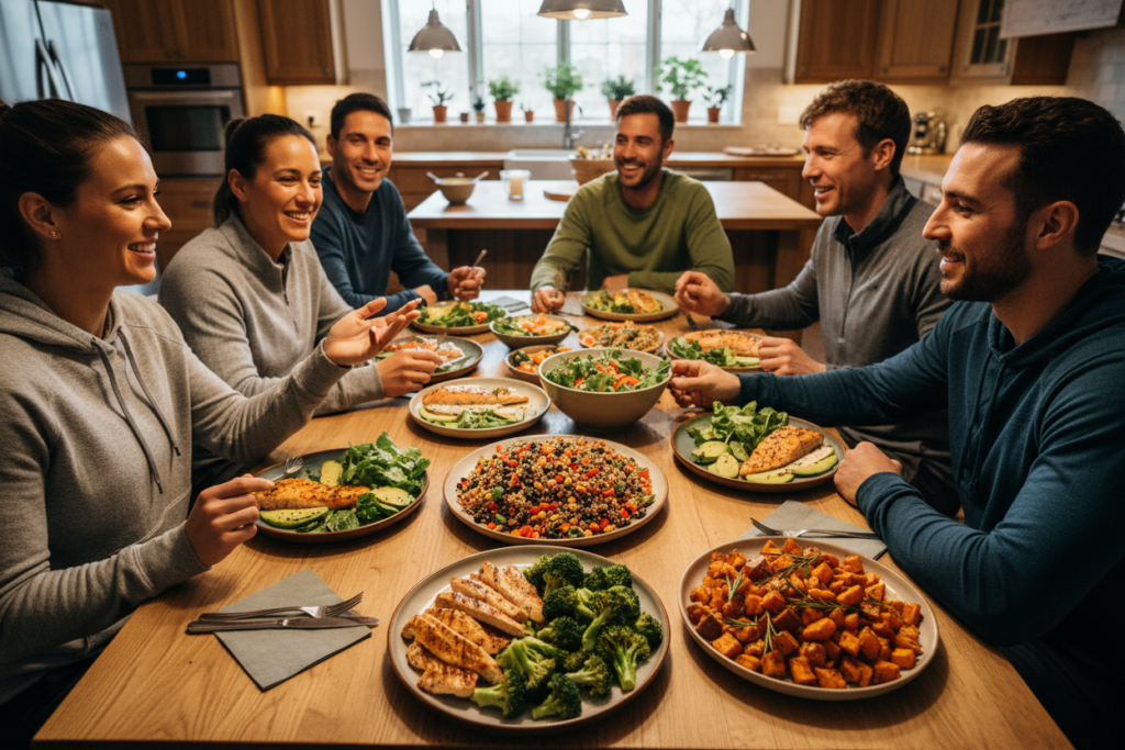 A vibrant table setting featuring a variety of delicious dinner options ideal for muscle recovery. In the foreground, show colorful plates of grilled chicken breast with steamed broccoli, quinoa salad, and roasted sweet potatoes, all arranged artfully. In the middle ground, include a diverse group of athletes, dressed in professional casual wear, happily discussing their meals, showcasing camaraderie and wellness. The background should feature a cozy kitchen with warm, inviting lighting that highlights the food's textures and colors, creating a welcoming atmosphere. Use a slightly overhead angle to capture the table layout and the athletes engaging. The overall mood should be motivational and uplifting, emphasizing healthy living and balanced nutrition.