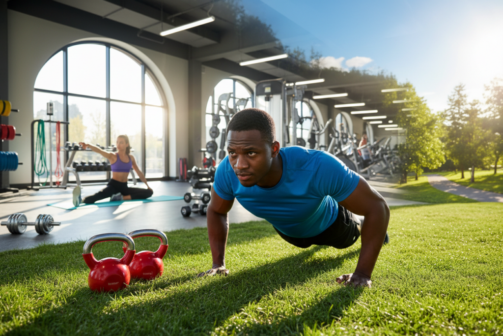 Diverse athletes engaging in adaptable workout routines, showcasing a blend of home, gym, and outdoor settings. In the foreground, a man doing push-ups on a grassy park area, wearing a fitted t-shirt and shorts, demonstrating focus and determination. In the middle ground, a sleek home gym with modern equipment, featuring kettlebells and a yoga mat, accented with natural light streaming through a large window. The background reveals a well-equipped gym with bright lights, and a lively outdoor scene with trees and a blue sky, creating an inspiring atmosphere. The angle is slightly tilted, giving depth to the variety of workout settings. Emphasize a motivational and energetic mood throughout the image.