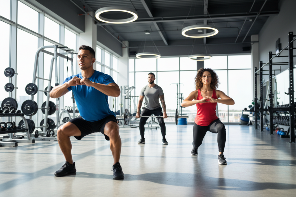 A diverse group of athletes demonstrating proper exercise techniques in a bright, modern gym environment. In the foreground, a male athlete in a fitted t-shirt and shorts performs a squat with perfect form, showcasing a straight back and knees aligned with toes. Beside him, a female athlete in a tank top and yoga pants executes a lunge, with an emphasis on her posture and balance. In the middle ground, another athlete engages in a deadlift, highlighting the correct grip and posture. The background features large windows allowing natural light to illuminate the space, creating an energetic and motivational atmosphere. The scene captures the focus and determination of the athletes, emphasizing muscle gain through proper technique in a clean and professionally designed fitness setting.