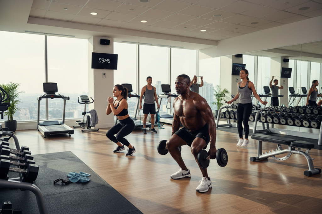A dynamic hotel gym environment featuring diverse athletes engaged in a 10-minute EMOM (Every Minute on the Minute) and HIIT (High-Intensity Interval Training) workout. In the foreground, a middle-aged Black man performs a squat with dumbbells, while a young Hispanic woman executes a burpee nearby. The middle section displays various workout stations, including kettlebells and resistance bands, conveying a lively atmosphere. In the background, large windows let in soft morning light, highlighting the modern equipment and clean aesthetic of the gym. The overall mood is energetic and motivating, perfect for travelers looking to maintain their fitness routine. The composition is captured from a slightly elevated angle, showcasing the athletes' movements while maintaining a focus on cleanliness and professionalism. A dynamic hotel gym environment featuring diverse athletes engaged in a 10-minute EMOM (Every Minute on the Minute) and HIIT (High-Intensity Interval Training) workout. In the foreground, a middle-aged Black man performs a squat with dumbbells, while a young Hispanic woman executes a burpee nearby. The middle section displays various workout stations, including kettlebells and resistance bands, conveying a lively atmosphere. In the background, large windows let in soft morning light, highlighting the modern equipment and clean aesthetic of the gym. The overall mood is energetic and motivating, perfect for travelers looking to maintain their fitness routine. The composition is captured from a slightly elevated angle, showcasing the athletes' movements while maintaining a focus on cleanliness and professionalism.