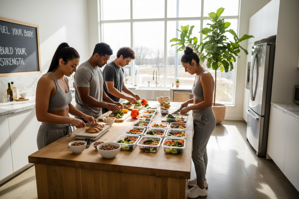 A vibrant kitchen scene showcasing practical meal planning for muscle growth. In the foreground, a diverse group of athletes, dressed in modest casual fitness attire, engages in preparing healthy meals. They are measuring out protein-rich foods like chicken, quinoa, and vegetables, with nutritious snacks like nuts and fruits on a stylish kitchen island. In the middle, a well-organized meal prep station displays colorful containers filled with balanced meals for the week, labeled and portioned. The background features a bright, airy kitchen with large windows letting in natural light, enhancing the clean, modern aesthetic. Soft shadows create a warm and inviting atmosphere, emphasizing a commitment to healthy eating and fitness. The camera angle captures the action from slightly above, providing a dynamic and engaging view of meal planning in progress. A vibrant kitchen scene showcasing practical meal planning for muscle growth. In the foreground, a diverse group of athletes, dressed in modest casual fitness attire, engages in preparing healthy meals. They are measuring out protein-rich foods like chicken, quinoa, and vegetables, with nutritious snacks like nuts and fruits on a stylish kitchen island. In the middle, a well-organized meal prep station displays colorful containers filled with balanced meals for the week, labeled and portioned. The background features a bright, airy kitchen with large windows letting in natural light, enhancing the clean, modern aesthetic. Soft shadows create a warm and inviting atmosphere, emphasizing a commitment to healthy eating and fitness. The camera angle captures the action from slightly above, providing a dynamic and engaging view of meal planning in progress.
