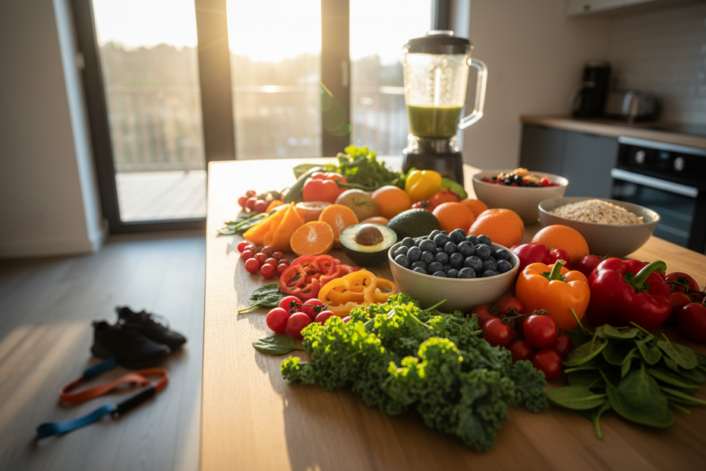 A vibrant, overhead view of a wooden table filled with a colorful assortment of nutrient-dense vegetables and fruits. In the foreground, rich greens of kale and spinach, alongside bright red tomatoes and bell peppers, create a fresh and inviting atmosphere. Juicy oranges, blueberries, and ripe avocados are artfully arranged in the middle, showcasing their rich textures and vivid colors. The background features a blurred kitchen setting with sunlight streaming in, casting soft shadows that enhance the freshness of the produce. The scene captures a healthy, energetic mood that reflects an active lifestyle, emphasizing wholesome eating for muscle gain. The composition should be bright and well-lit, using natural light to highlight the freshness and vibrancy of the fruits and vegetables.