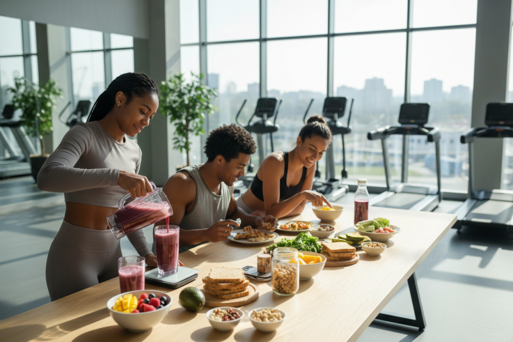 In a clean, modern gym setting, depict a diverse group of athletes gathered around a sleek table filled with smart nutrient foods for post-workout recovery, such as protein shakes, fruits, whole grains, and healthy fats. In the foreground, focus on a female athlete, dressed in modest athletic wear, pouring a colorful smoothie into a glass, while a male athlete nearby is measuring out nuts from a container. In the middle ground, show two other athletes discussing meal options, highlighting their enthusiasm for recovery nutrition. The background features bright natural light streaming through large windows, illuminating green plants and fitness equipment, creating a fresh, energetic atmosphere. Use a photo-realistic style with soft focus on the background to emphasize the athletes and their healthy food choices.