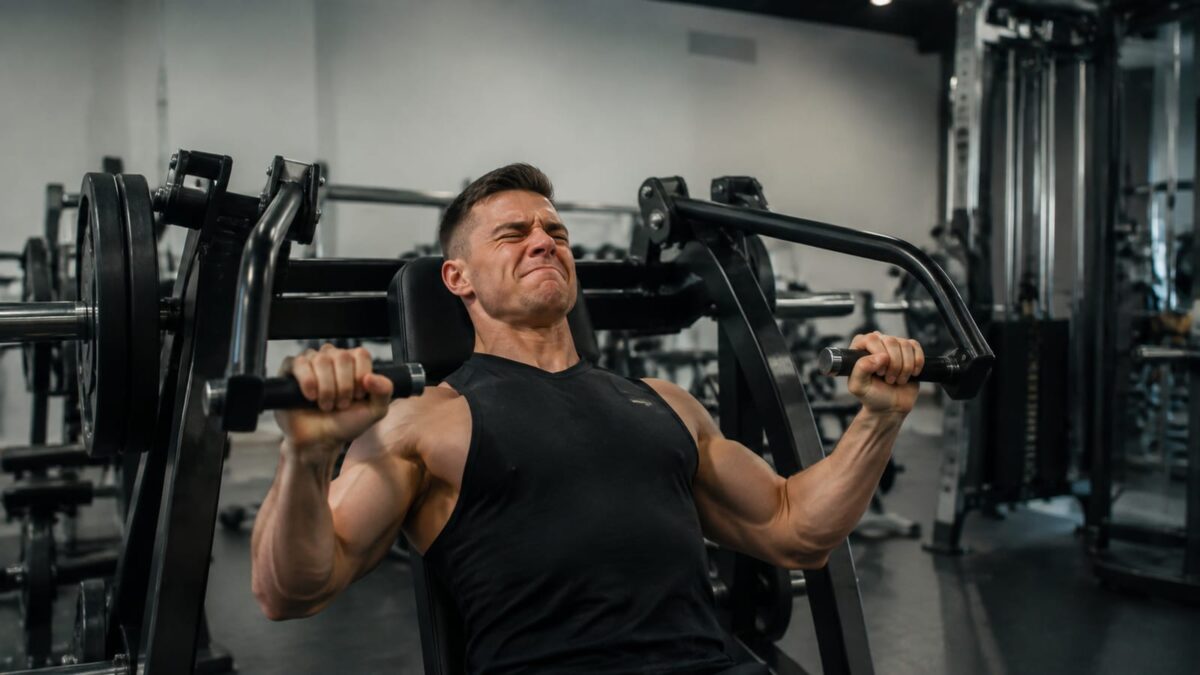 Lifter completing a challenging final chest press repetition with controlled machine resistance