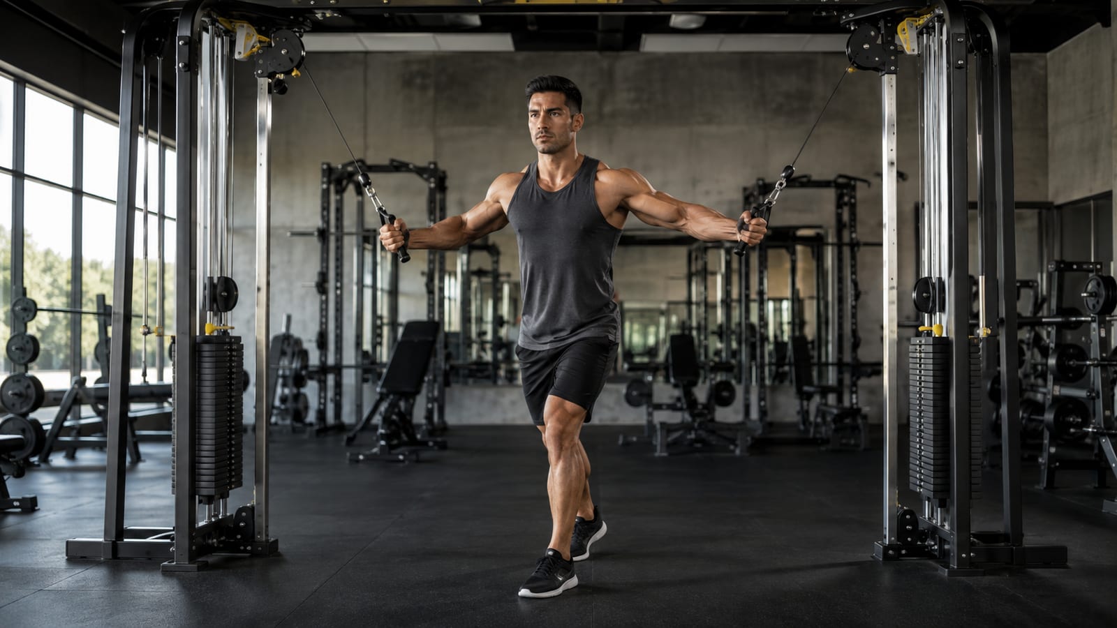 Athlete performing standing cable chest fly with adjustable pulleys in a spacious gym