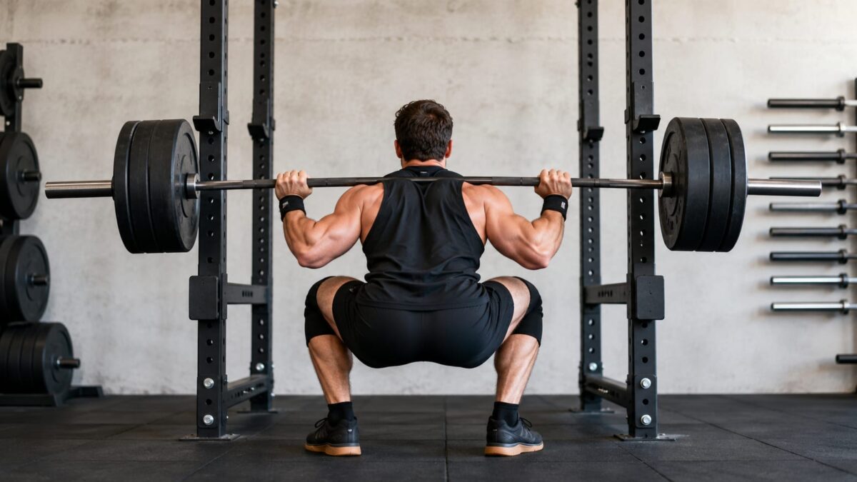 Lifter completing a heavy barbell squat inside a practical strength-training gym