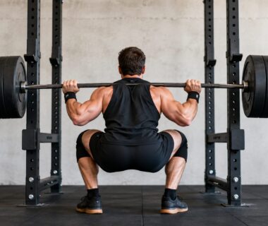 Lifter completing a heavy barbell squat inside a practical strength-training gym