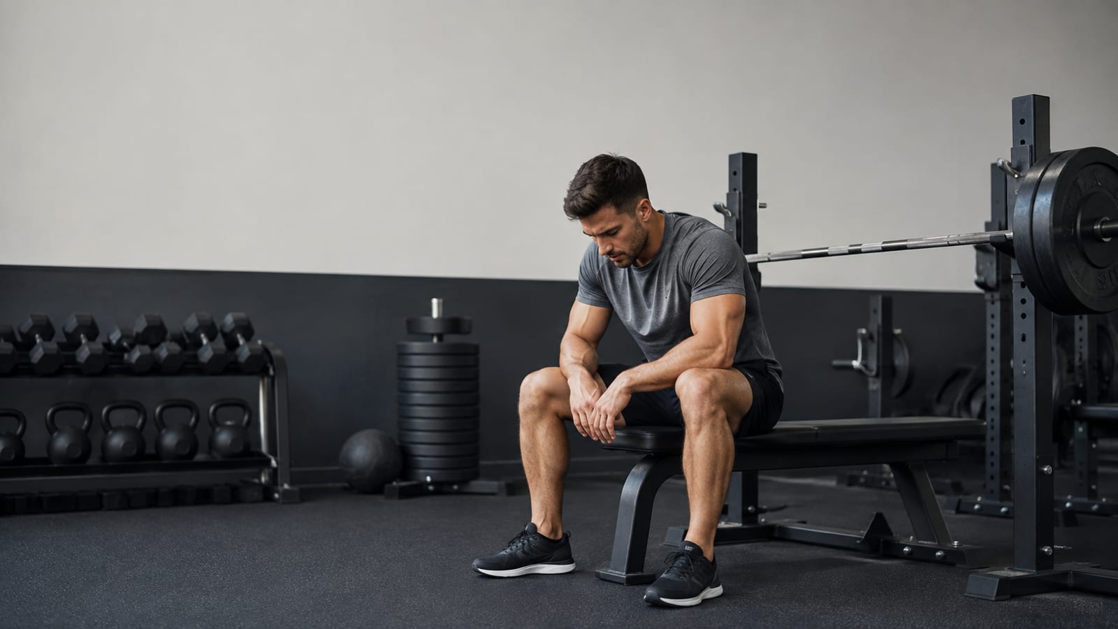 Fatigued lifter resting beside a loaded barbell after demanding squat sets