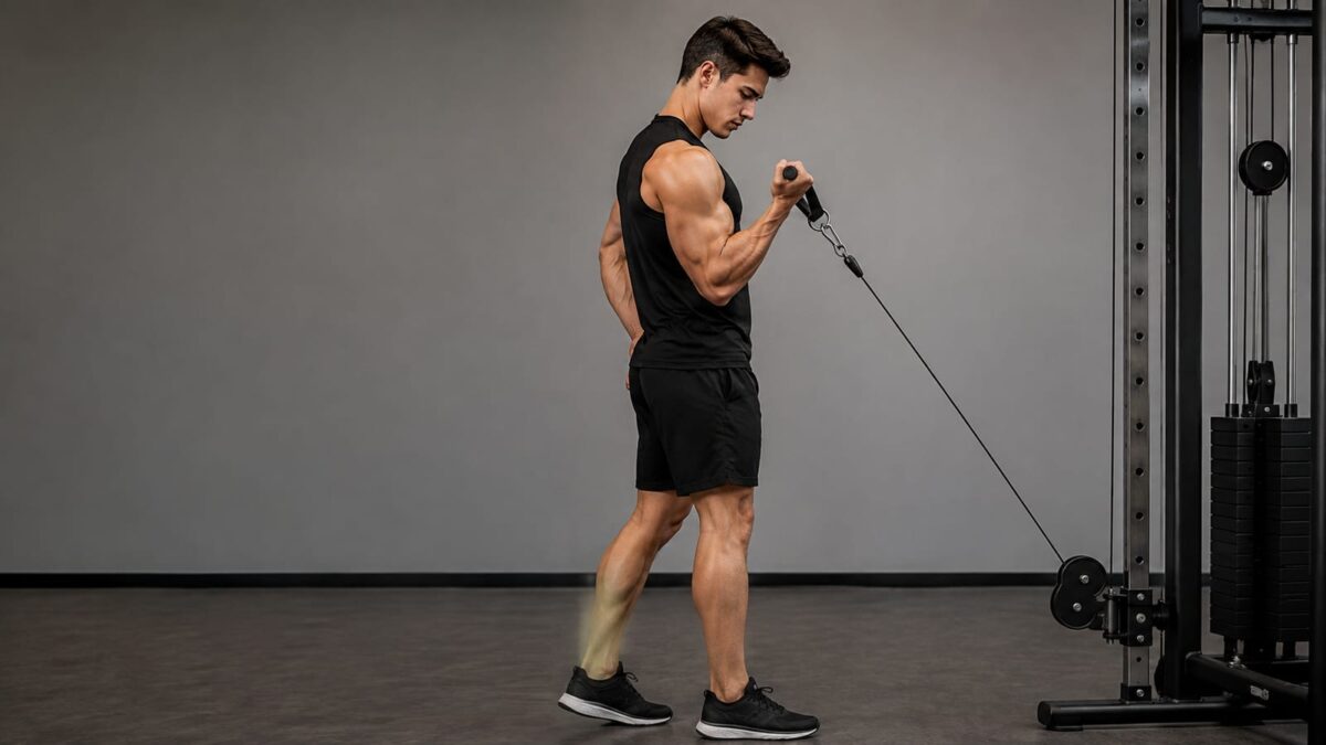 Profiled lifter performing slow single-arm cable curl in a clean, realistic gym