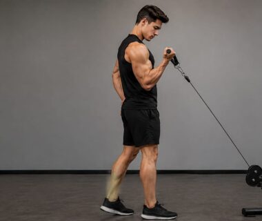 Profiled lifter performing slow single-arm cable curl in a clean, realistic gym