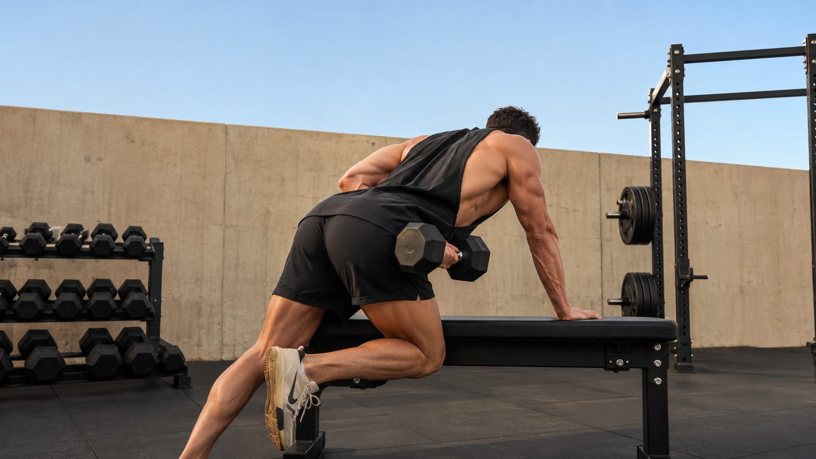 Athlete practices controlled dumbbell rows with stable posture and deliberate shoulder movement