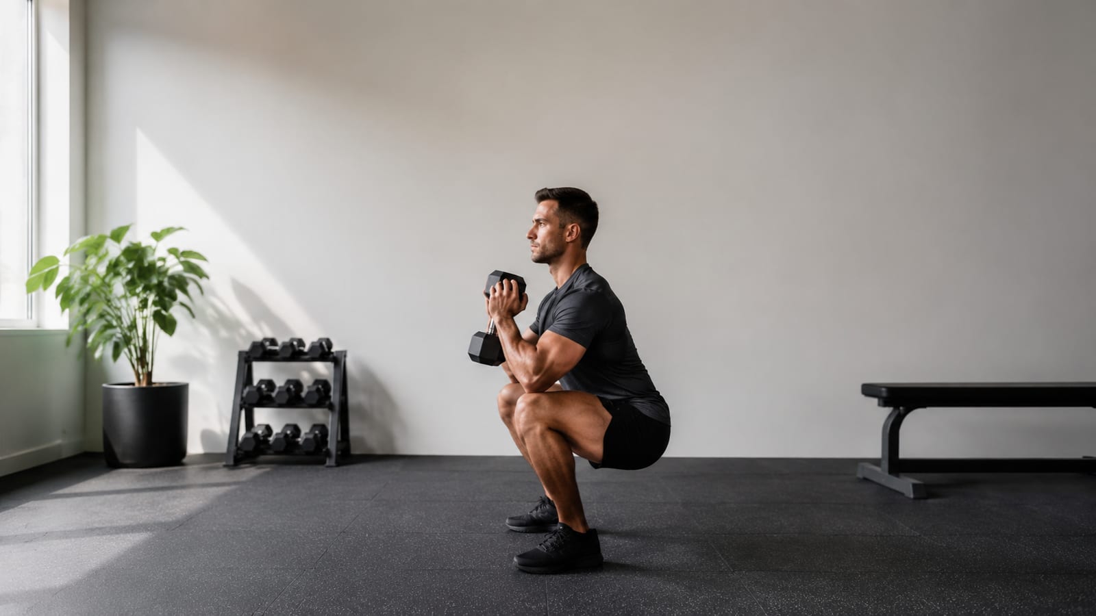 Lifter performs a paused goblet squat using controlled tempo and efficient technique