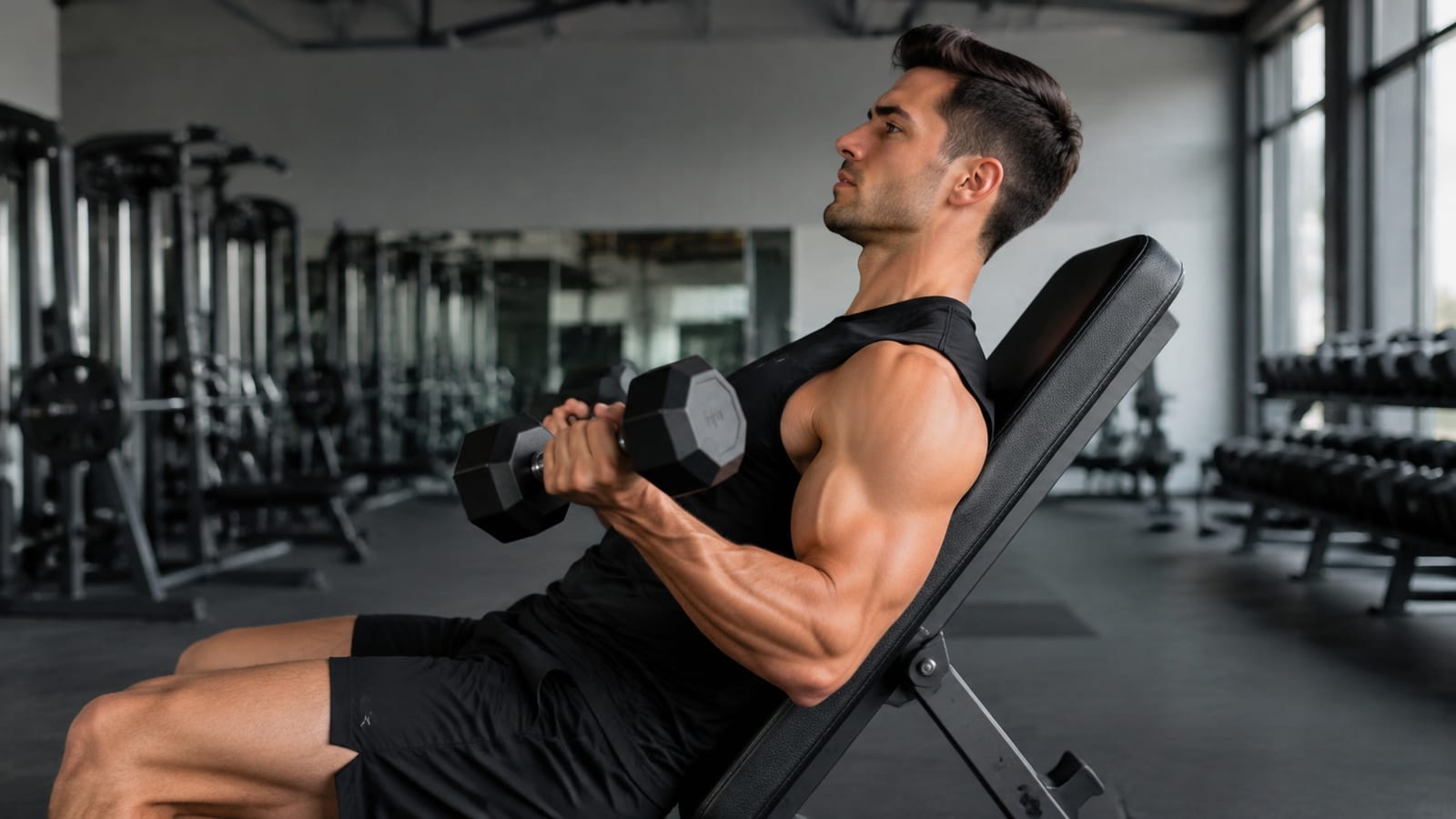 Athlete completes strict incline dumbbell curls without swinging or compensating through the shoulders