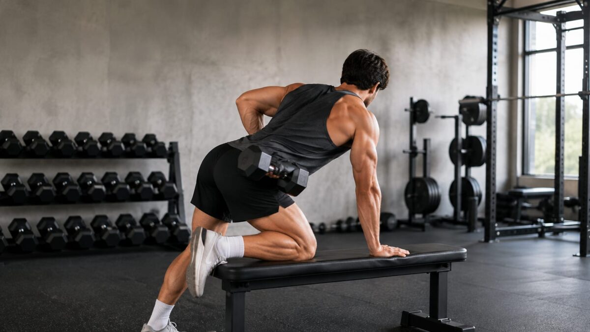 Athlete performing controlled single-arm dumbbell row while comparing balanced shoulder positions in a gym