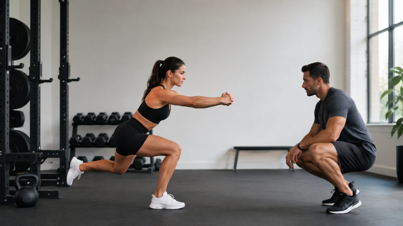 Trainer observing an athlete perform a single-leg squat to compare stability and alignment