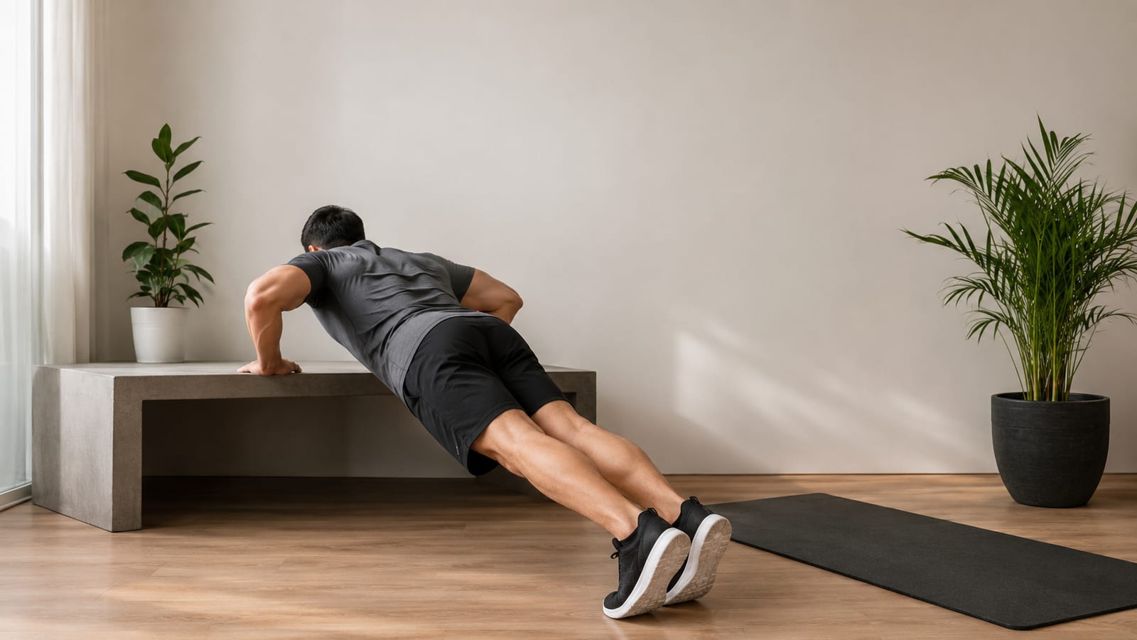 Beginner athlete performing controlled incline push-ups beside a clear workout mat