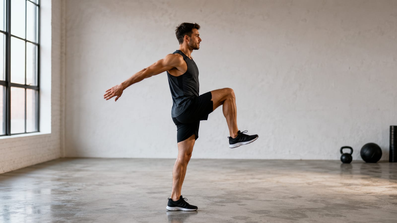 Athlete demonstrating dynamic warm-up movements before bodyweight intervals in an uncluttered gym