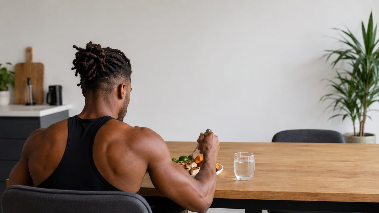 Athlete eating a simple high-protein meal after training at a clean kitchen table