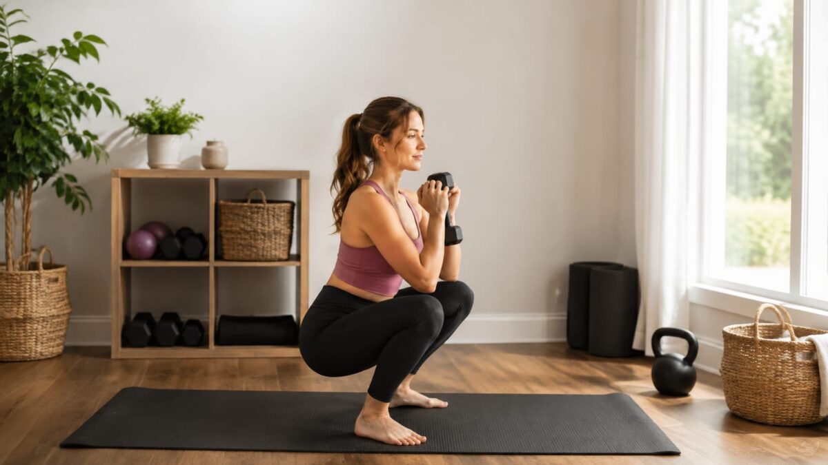 Postpartum woman performing supported dumbbell squats at home beside a padded exercise mat