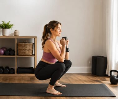 Postpartum woman performing supported dumbbell squats at home beside a padded exercise mat