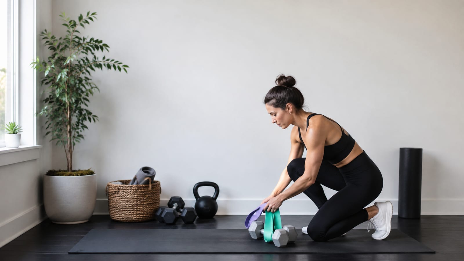 Postpartum athlete practicing gentle progressive strength training with light dumbbells and resistance bands