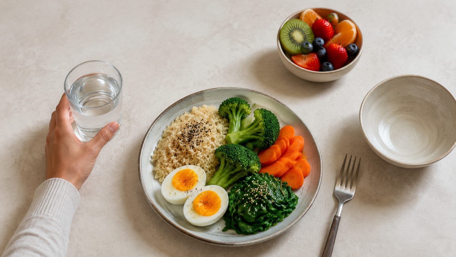 Nourishing postpartum meal with eggs, roasted vegetables, grains, water, and recovery-friendly ingredients