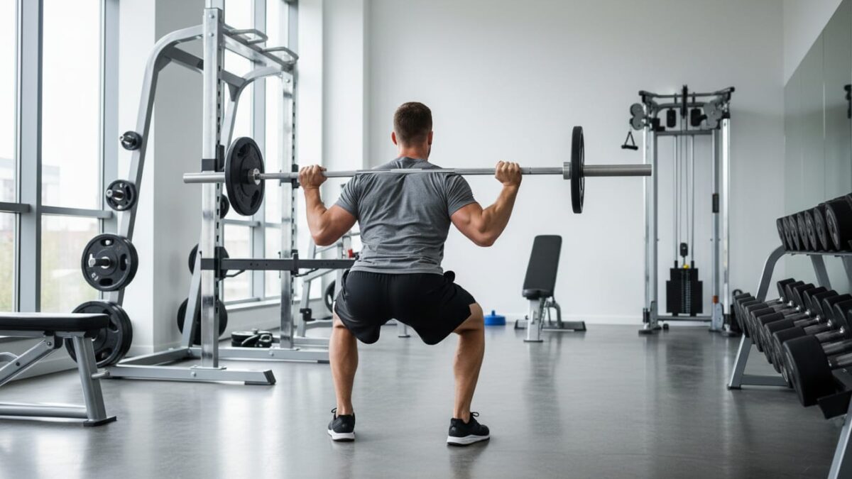 Athlete performing barbell squats in a well-equipped gym during structured strength training