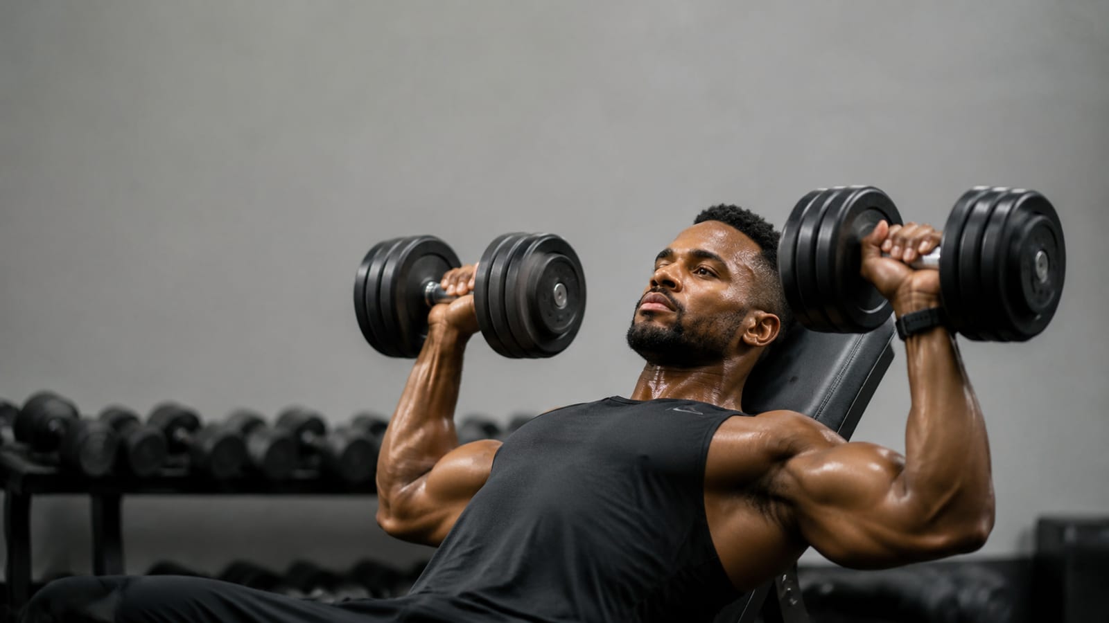 Lifter gradually increasing dumbbell resistance while maintaining precise controlled exercise technique