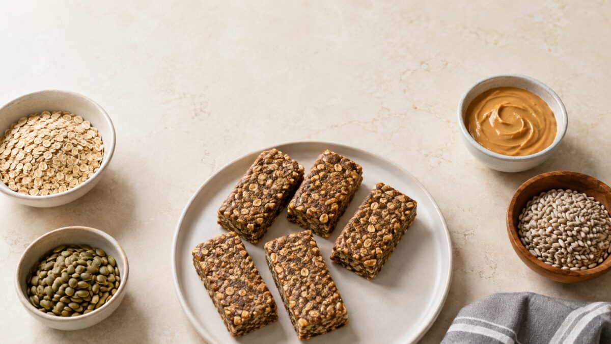 Homemade no-bake protein bars arranged beside oats, nut butter, and mixed seeds