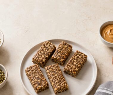 Homemade no-bake protein bars arranged beside oats, nut butter, and mixed seeds