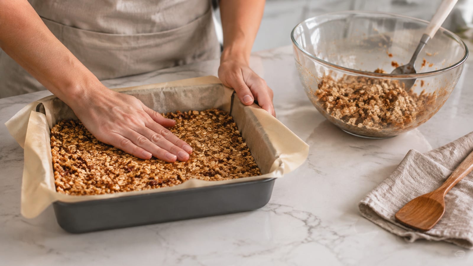 Hands pressing a thick oat protein mixture into a parchment-lined square pan