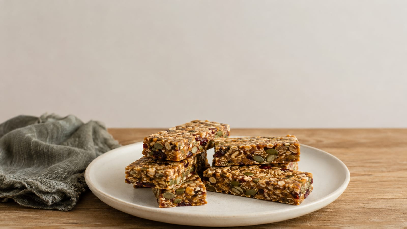 Vegan seed-butter protein bars with oats, pumpkin seeds, and dried fruit on a plate