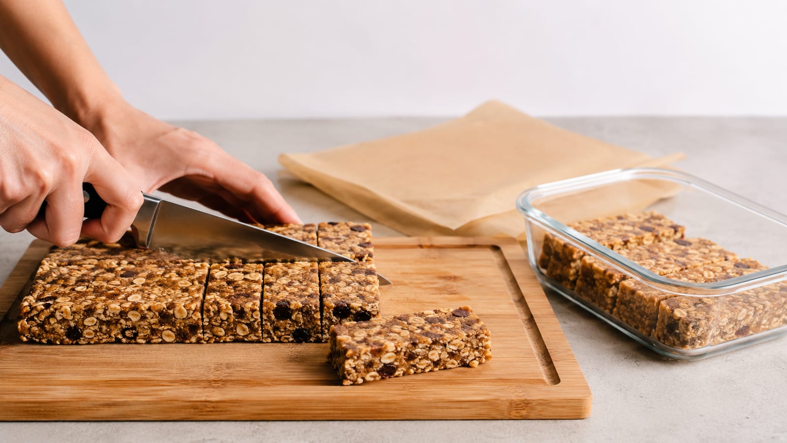 Freshly chilled protein bars being cut into even portions on a plain wooden board