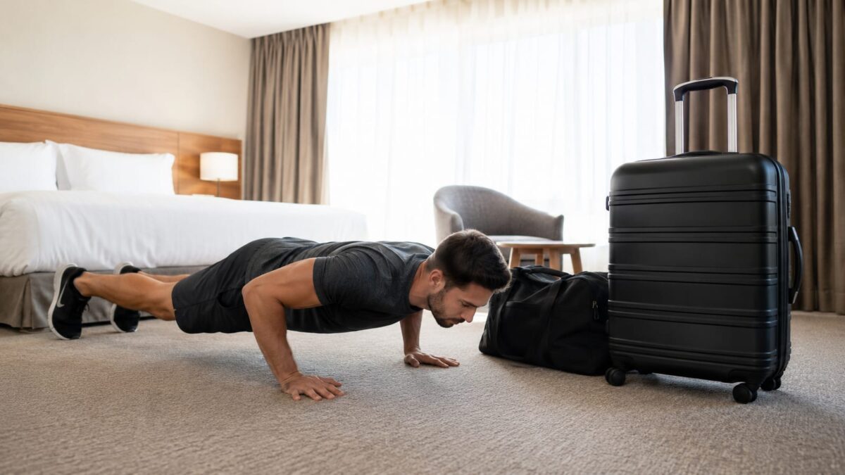 Traveler performing controlled push-ups beside packed luggage in a bright generic hotel room