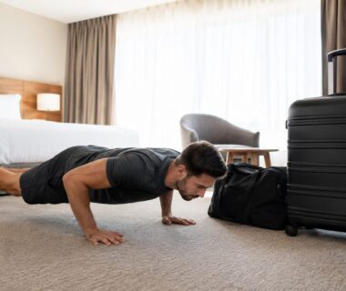 Traveler performing controlled push-ups beside packed luggage in a bright generic hotel room