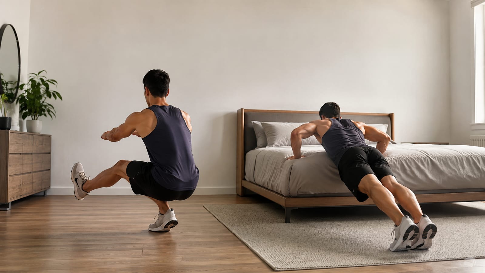 Athlete practicing single-leg squats and incline push-ups using a sturdy bed edge