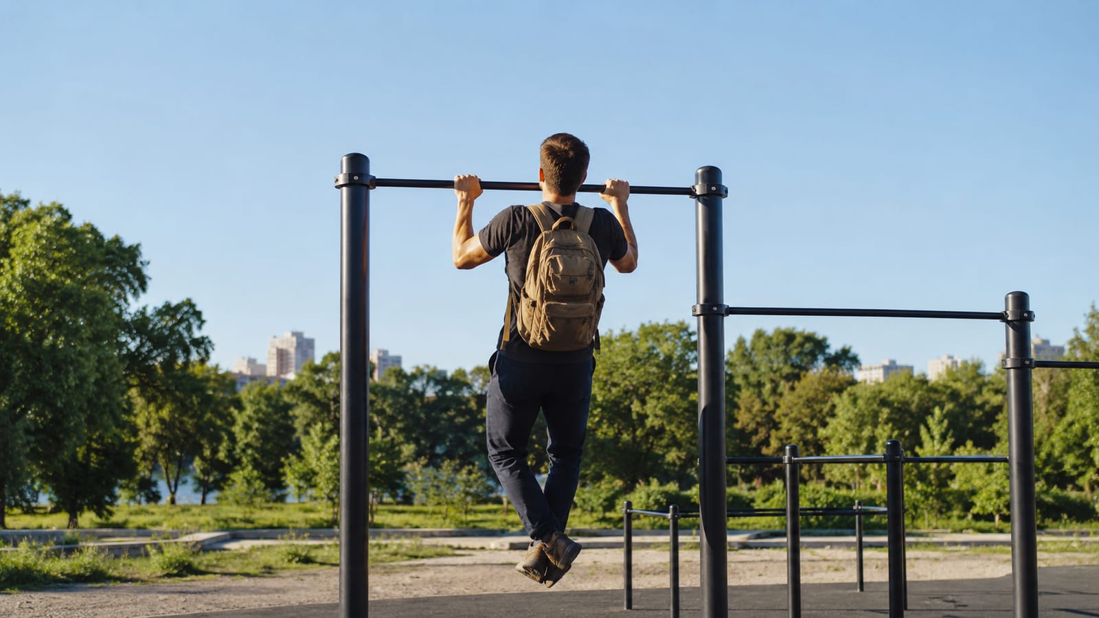Traveler performing bodyweight pull-ups on playground bars in a quiet urban park